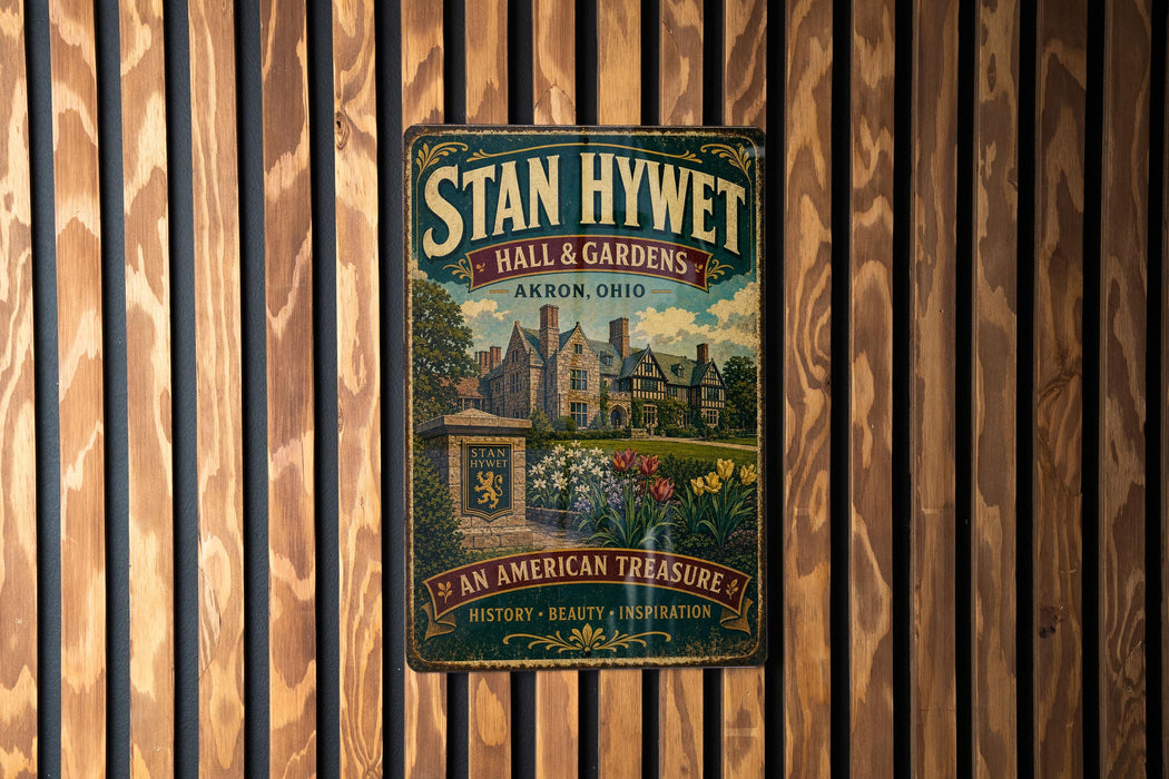 A vintage metal sign for "Stan Hywet Hall & Gardens" in Arron, Ohio, featuring a large illustration of a house surrounded by gardens.