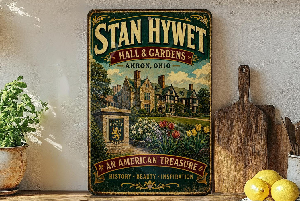 A vintage-style sign for "Stan Hywet Hall & Gardens" in Akron, Ohio, featuring a large illustration of a historic building surrounded by a garden.