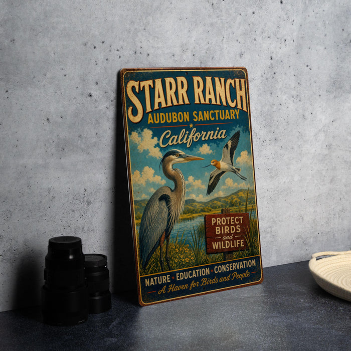 A vintage metal sign for the Starr Ranch Audubon Sanctuary in California, featuring illustrations of birds and wildlife, is displayed on a gray countertop next to a stack of camera lenses.