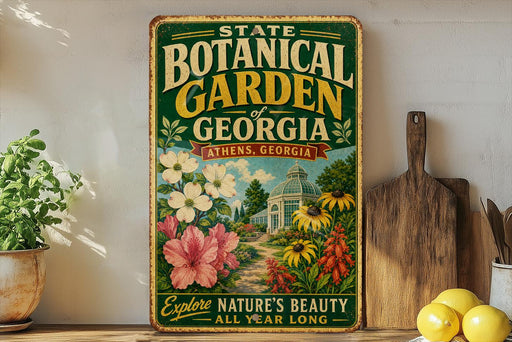A vintage-style metal sign advertising the State Botanical Garden of Georgia, featuring a colorful illustration of flowers and a greenhouse.