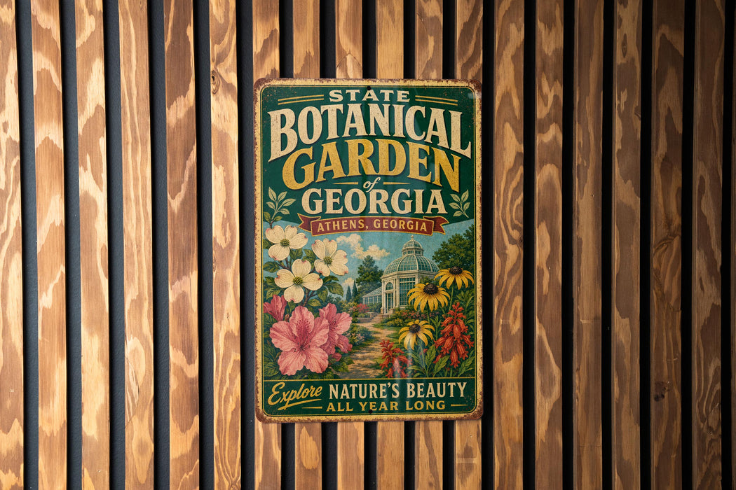 A vintage-style metal sign for the State Botanical Garden in Athens, Georgia, featuring a colorful illustration of flowers and a greenhouse.