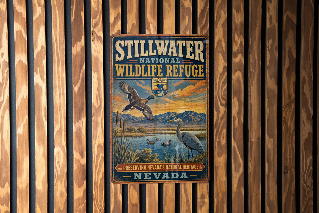 A vintage-style metal sign for the Stillwater National Wildlife Refuge in Nevada, featuring an illustration of a bird and a landscape with mountains in the background.