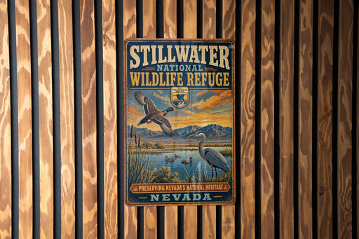 A vintage-style metal sign for the Stillwater National Wildlife Refuge in Nevada, featuring an illustration of a bird and a landscape with mountains in the background.