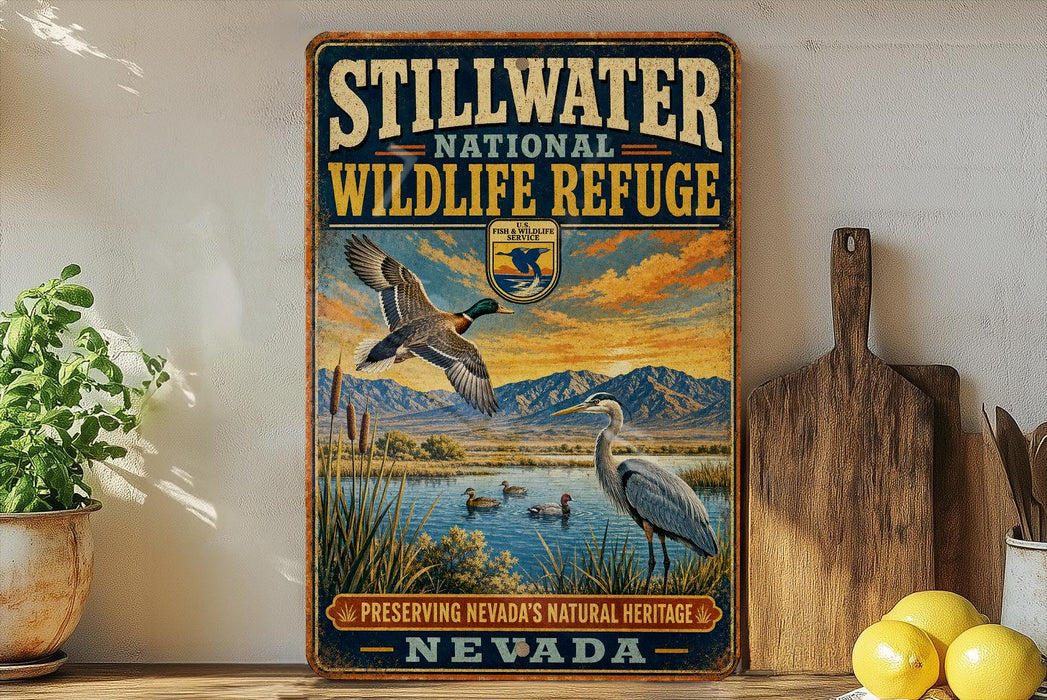 A vintage-style sign for Stillwater National Wildlife Refuge in Nevada, featuring illustrations of ducks and a scenic landscape.