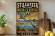 A vintage-style sign for Stillwater National Wildlife Refuge in Nevada, featuring illustrations of ducks and a scenic landscape.