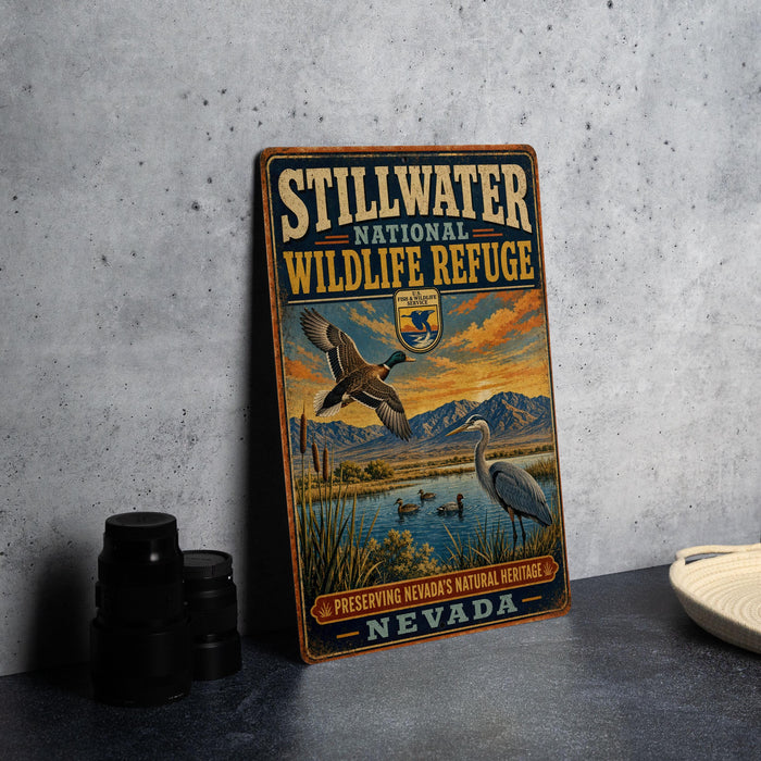 A vintage-style metal sign for the Stillwater National Wildlife Refuge in Nevada, featuring an illustration of ducks and other wildlife in a natural setting.