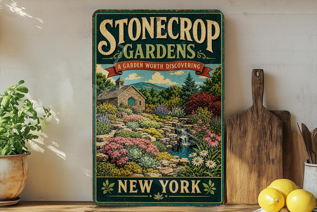A vintage-style sign for "Stonecrop Gardens" in New York, featuring a garden scene with a house, flowers, and a waterfall.