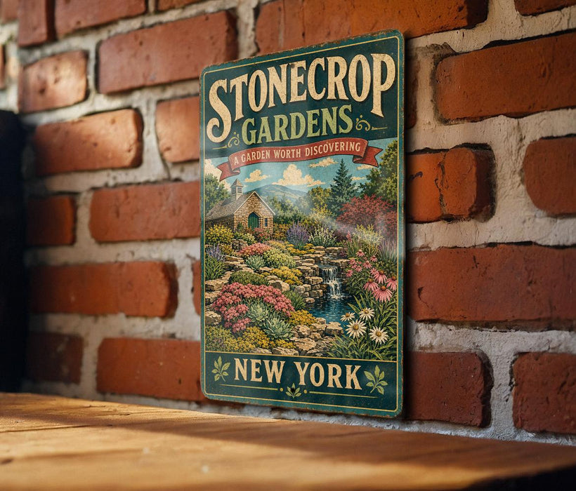 A vintage-style metal sign for "Stonecrop Gardens" is displayed on a brick wall, featuring a garden scene with a waterfall and flowers.