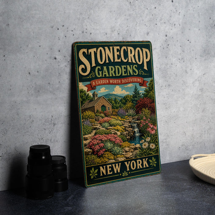 A vintage-style metal sign for "Stonecrop Gardens" in New York, featuring a garden scene with a house, flowers, and a waterfall.
