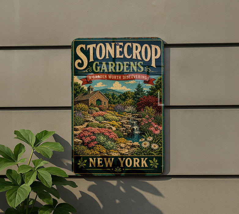 A vintage-style sign for "Stonecrop Gardens" in New York, featuring a garden scene with a house, flowers, and a waterfall.