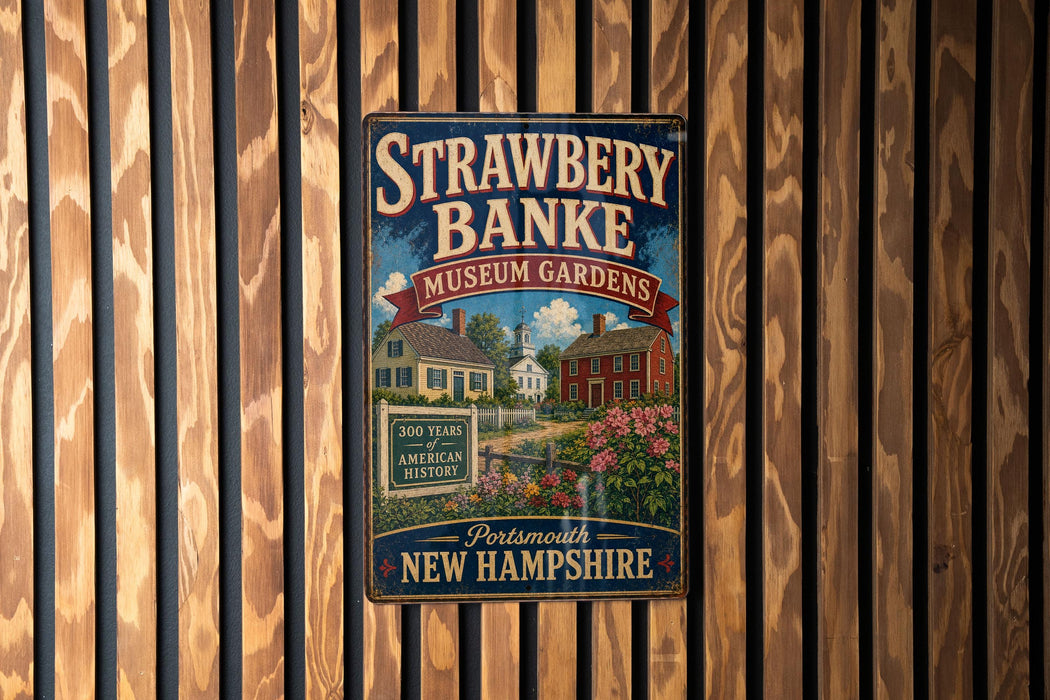 A vintage metal sign for Strawberry Bank Museum Gardens in New Hampshire, featuring a colorful illustration of a historic house surrounded by flowers.