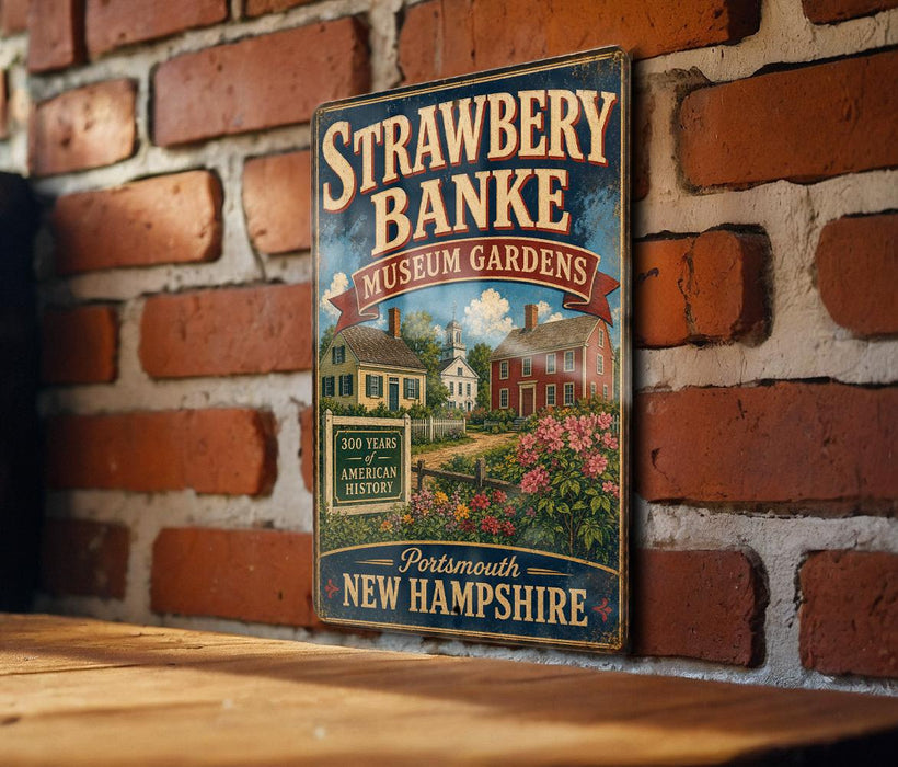 A vintage-style metal sign for Strawberry Bank Museum Gardens in New Hampshire, featuring a brick wall backdrop and a detailed illustration of the museum's exterior.