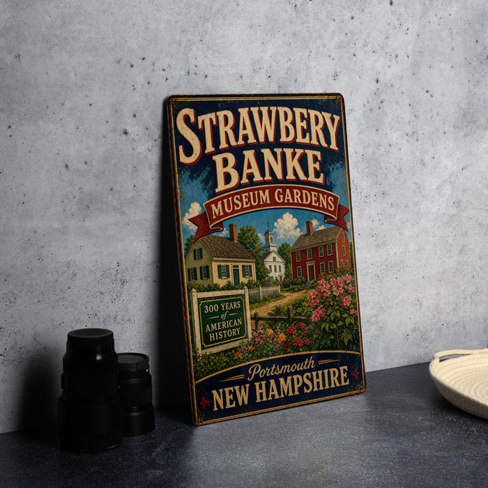 A vintage-style metal sign for the Strawberry Banke Museum Gardens in Portsmouth, New Hampshire, featuring an illustration of a historic house surrounded by flowers.