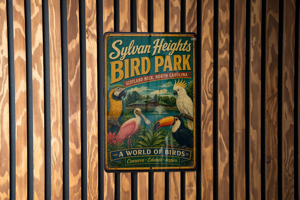 A vintage-style metal sign for Sylvan Heights Bird Park, featuring colorful illustrations of various birds and a scenic landscape.
