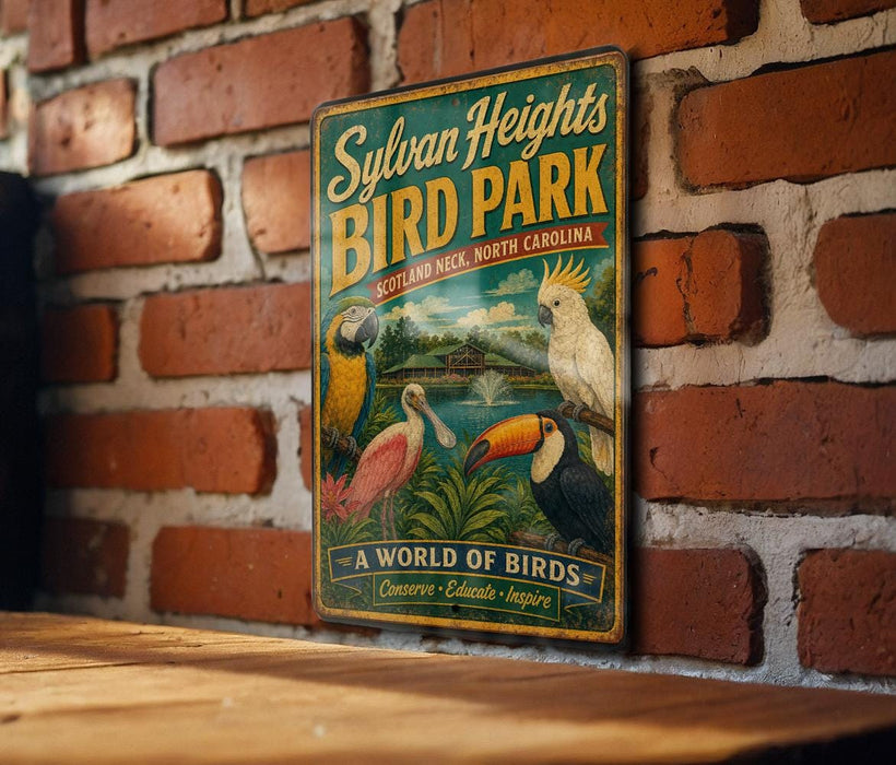 A vintage-style metal sign for Syvan Heights Bird Park, featuring illustrations of various colorful birds, is displayed on a brick wall.