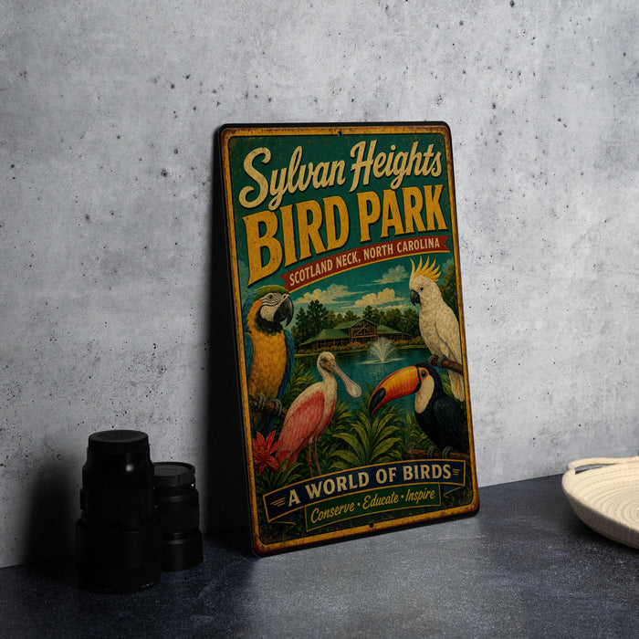 A vintage-style metal sign for Sylvan Heights Bird Park, featuring colorful illustrations of various birds, is displayed on a gray countertop next to a stack of black camera lenses.