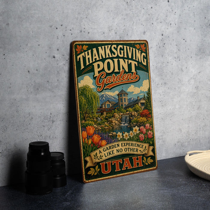 A vintage-style metal sign advertising Thanksgiving Point Gardens in Utah, featuring a colorful illustration of a garden landscape with a waterfall and mountains.