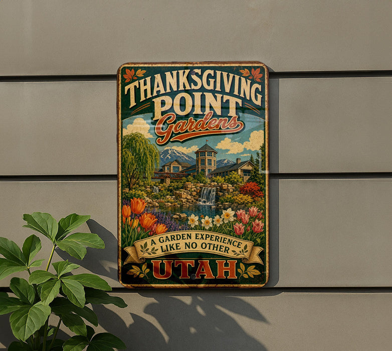 A metal sign with a colorful illustration of a garden and a waterfall, mounted on a wall.