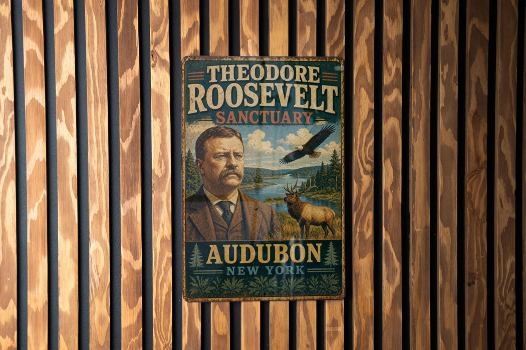 A vintage-style metal sign featuring a portrait of Theodore Roosevelt, the 26th President of the United States, and the words "Theodore Roosevelt Sanctuary Audubon New York".