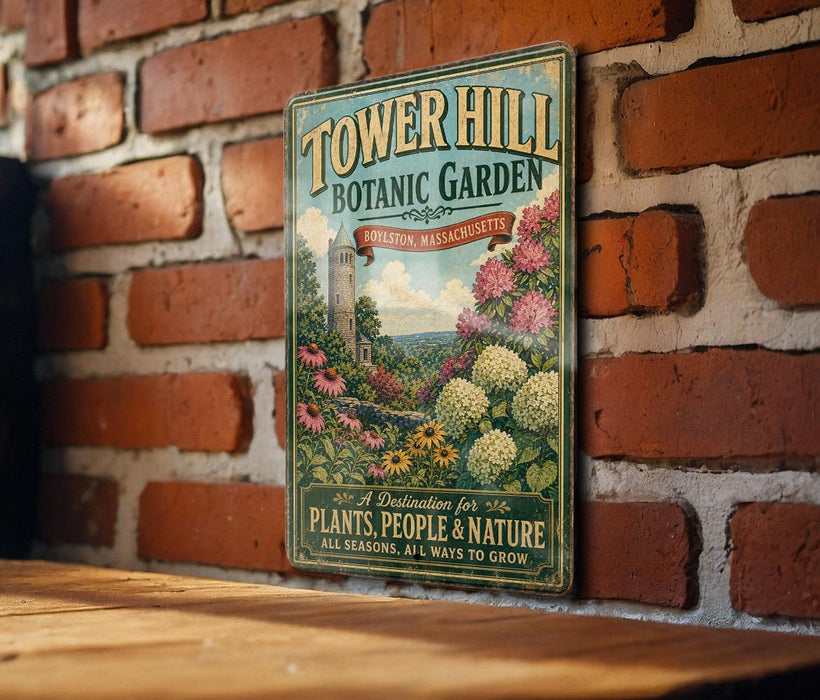 A vintage-style metal sign for the Tower Hill Botanic Garden in Boston, Massachusetts, featuring a lush garden scene with various plants and flowers.