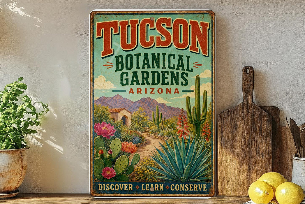 A vintage-style poster of the Tucson Botanical Gardens in Arizona, featuring a desert landscape with cacti, succulents, and colorful flowers. The poster is displayed on a wall, with a wooden cutting board and a potted plant to the left.