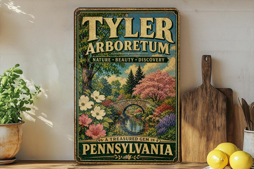 A vintage-style sign for "TYLER ARBORETUM" is displayed on a shelf, featuring a scenic landscape with a bridge and flowers.