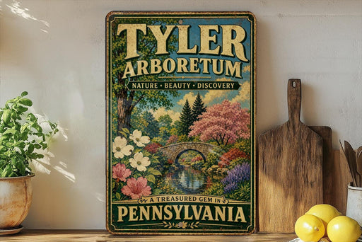 A vintage-style sign for "TYLER ARBORETUM" is displayed on a shelf, featuring a scenic landscape with a bridge and flowers.
