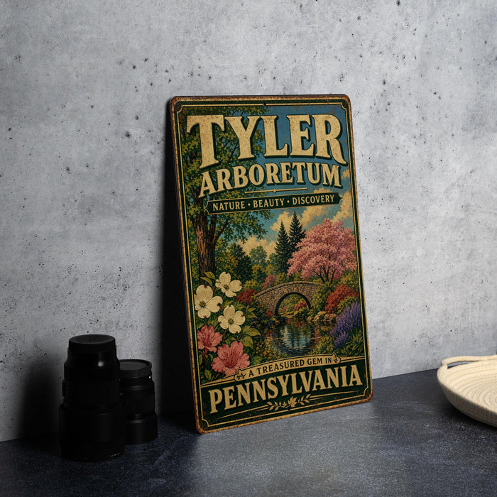 A vintage-style metal sign for " Tyler Arboretum" is displayed on a gray countertop, featuring a scenic landscape with a bridge and flowers.