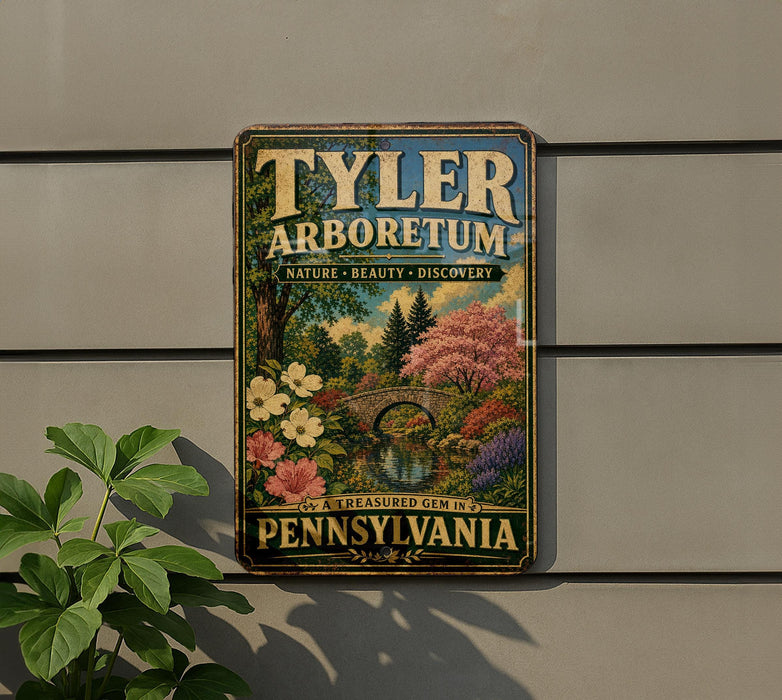 A vintage-style metal sign for " Tyler Arboretum" is displayed on a wall, featuring a scenic landscape with a bridge and trees.