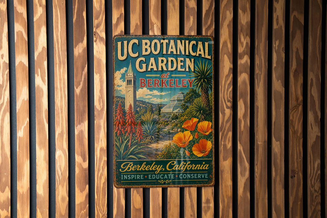 A vintage-style metal sign for UC Botanical Garden in Berkeley, California, featuring a tropical garden scene with palm trees, flowers, and a clock tower.