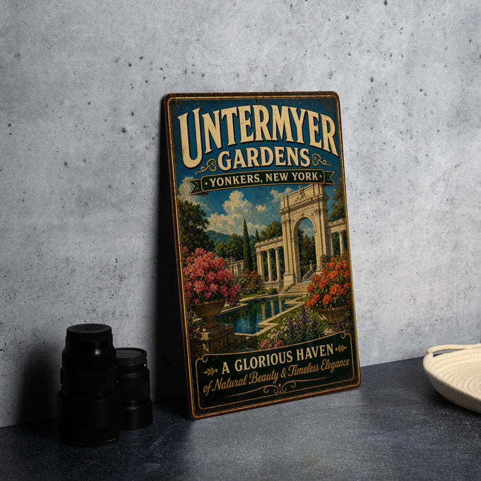 A vintage-style metal sign for "Untermyer Gardens" in New York, featuring a scenic image of a garden with a fountain and ornate architecture.