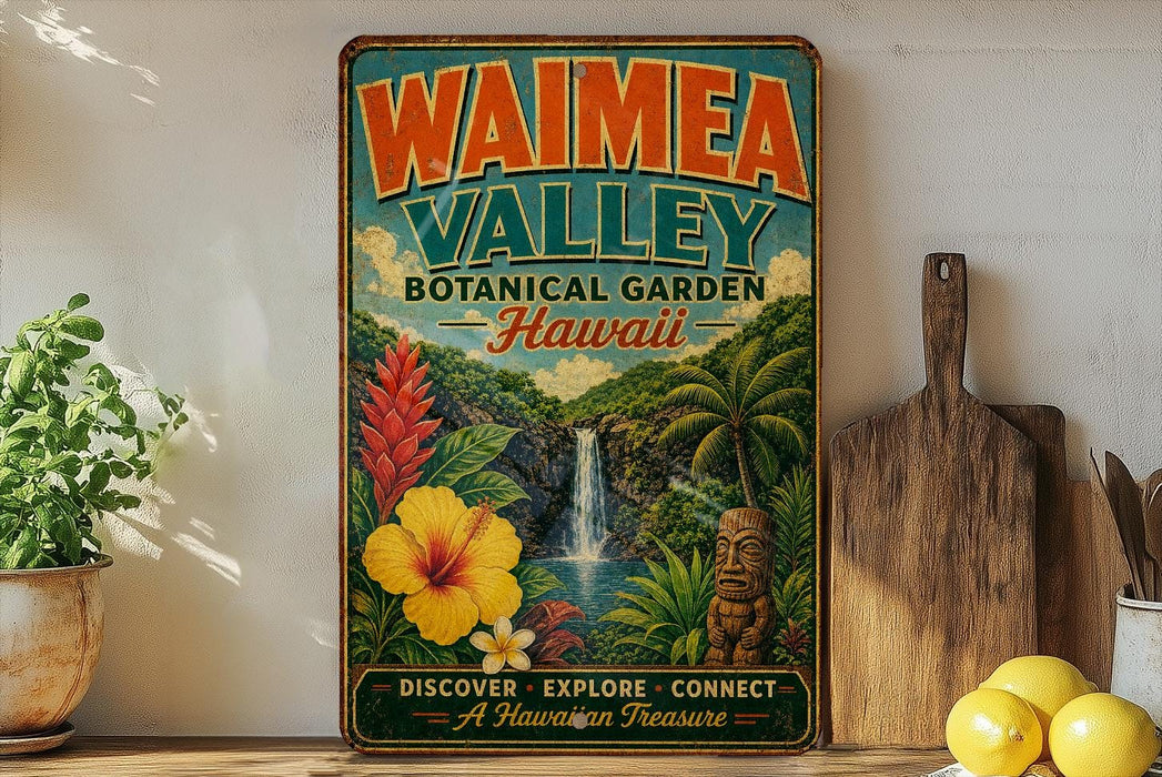 A vintage-style metal sign for Waimea Valley Botanical Garden in Hawaii, featuring colorful illustrations of tropical plants, flowers, and a waterfall.