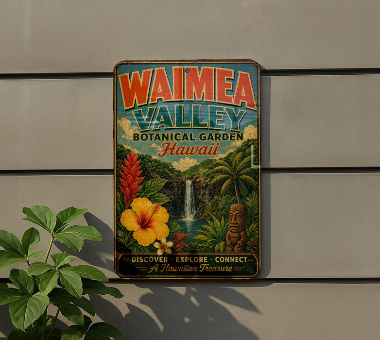 A vintage-style metal sign for Waimea Valley Botanical Garden in Hawaii, featuring colorful illustrations of tropical plants, flowers, and a waterfall.