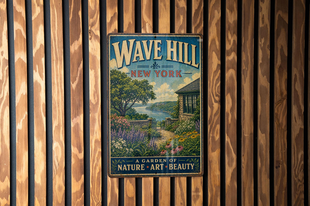 A vintage metal sign for Wave Hill, New York, featuring a scenic landscape with a garden and a house, is displayed on a wooden wall.