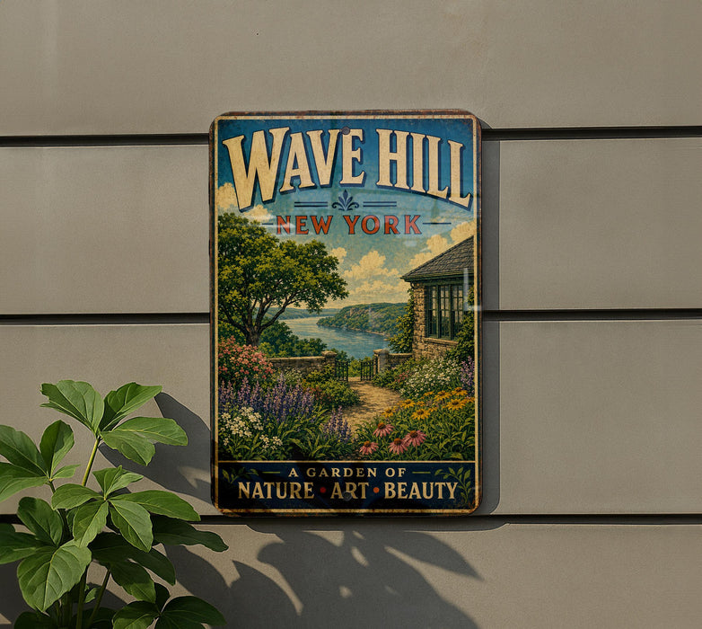A vintage-style metal sign for "Wave Hill New York" is displayed on a wall, featuring a scenic garden landscape with a house and flowers.