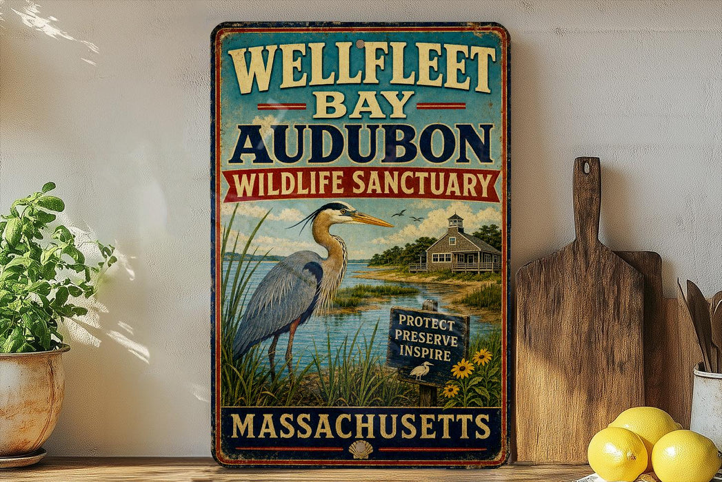 A vintage metal sign for the Wellfleet Bay Audubon Wildlife Sanctuary in Massachusetts, featuring an illustration of a heron and a lighthouse.