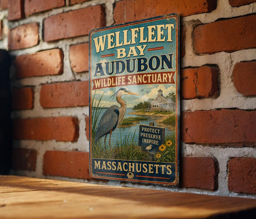 A vintage metal sign for the Wellfleet Bay Audubon Wildlife Sanctuary in Massachusetts, featuring a large heron and a sign that says "PROTECT PRESERVE INSPIRE".