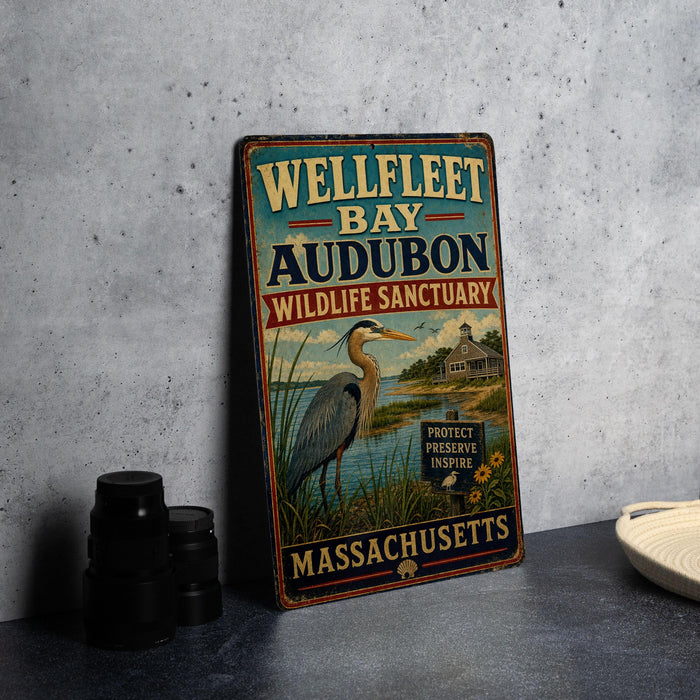 A vintage metal sign for the Wellfleet Bay Audubon Wildlife Sanctuary in Massachusetts, featuring an illustration of a heron and a house.