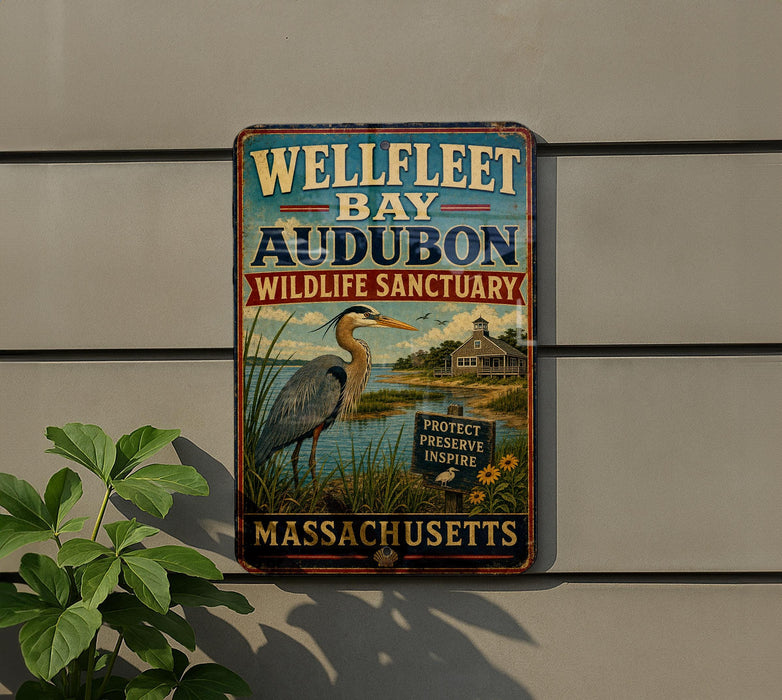 A vintage metal sign for the Wellfleet Bay Audubon Wildlife Sanctuary in Massachusetts, featuring an illustration of a heron and a sign that says "Protect Preserve Inspire".