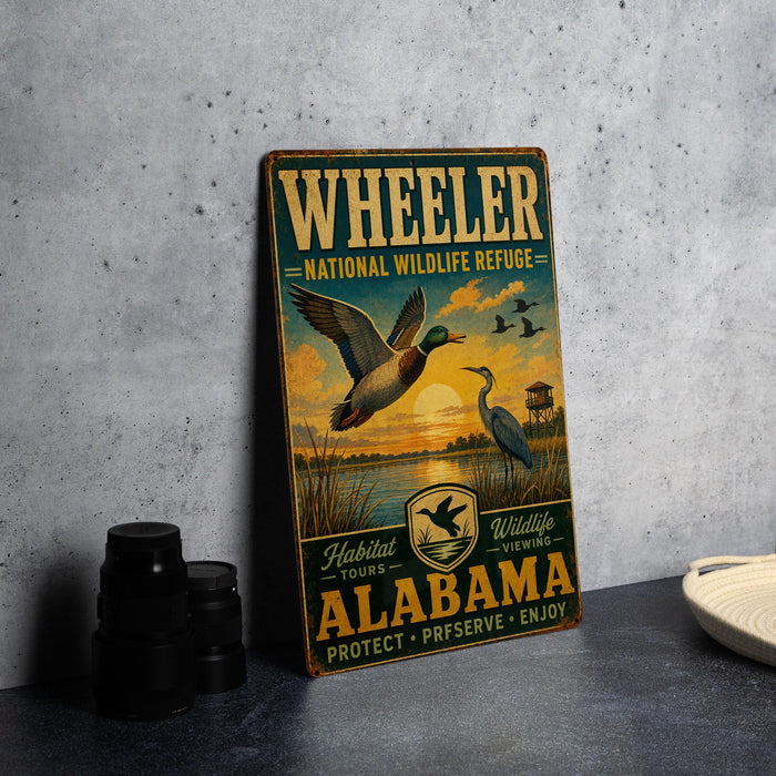A vintage metal sign advertising Wheeler National Wildlife Refuge in Alabama, featuring illustrations of ducks and other wildlife.