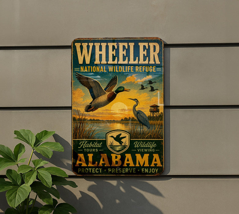 A vintage-style metal sign for Wheeler National Wildlife Refuge in Alabama, featuring a colorful illustration of ducks and other wildlife against a sunset backdrop.