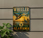 A vintage-style metal sign for Wheeler National Wildlife Refuge in Alabama, featuring a colorful illustration of ducks and other wildlife against a sunset backdrop.