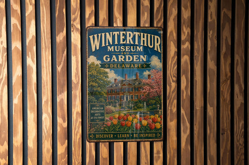A vintage metal sign for the Winterthur Museum and Garden in Delaware, featuring a colorful illustration of a historic building surrounded by flowers and a pond.