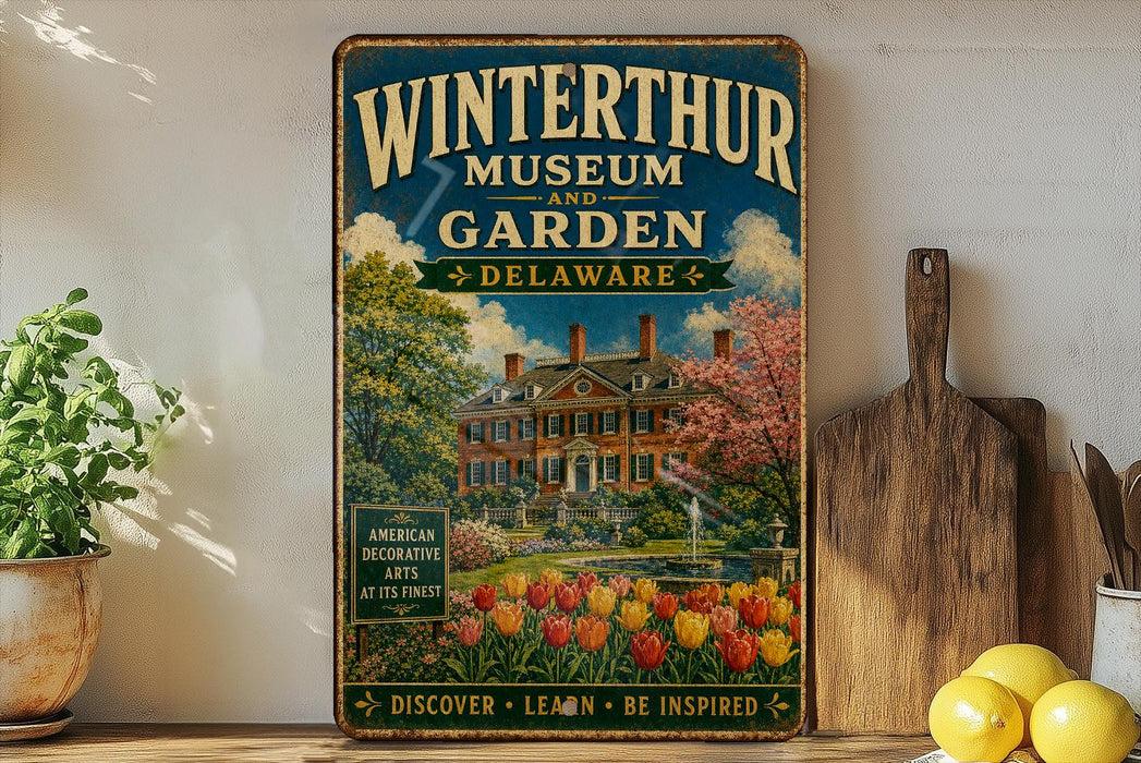 A vintage-style metal sign for the Winterthur Museum and Garden in Delaware, featuring an illustration of a historic building surrounded by a garden with tulips.