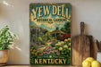 A vintage-style sign for Yew Dell Botanical Gardens in Kentucky, featuring a garden scene with a gazebo and various flowers.
