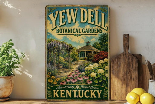 A vintage-style sign for Yew Dell Botanical Gardens in Kentucky, featuring a garden scene with a gazebo and various flowers.