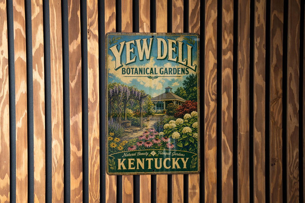 A vintage-style metal sign for Yew Dell Botanical Gardens in Kentucky, featuring a garden scene with a gazebo and flowers.