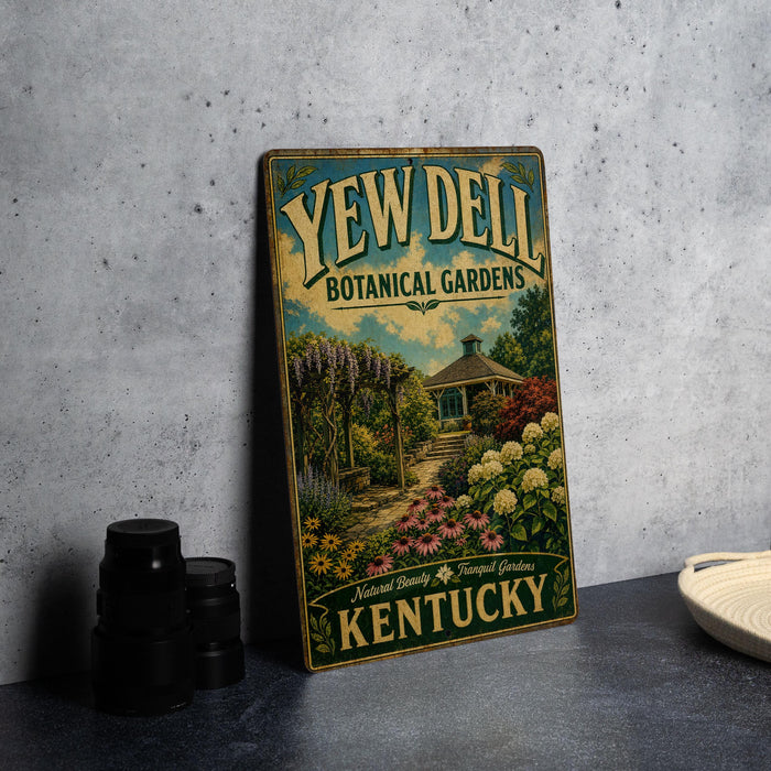 A vintage-style metal sign for Yew Dell Botanical Gardens in Kentucky, featuring a garden scene with a gazebo and flowers.