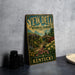 A vintage-style metal sign for Yew Dell Botanical Gardens in Kentucky, featuring a garden scene with a gazebo and flowers.