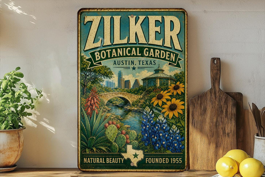 A vintage-style metal sign for the Zilker Botanical Garden in Austin, Texas, featuring a scenic illustration of the garden with a bridge, flowers, and a city skyline.